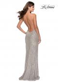 Picture of: HIgh Neck Sequin Gown with Open Back and Slit in Silver, Style: 28529, Detail Picture 1