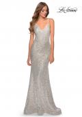 Picture of: Sequin Prom Gown With Drop Waist and V-Neckline in Silver, Style: 28713, Detail Picture 1