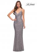 Picture of: Lace Up Back Sequin Dress with V Neckline in Silver, Style 29895, Detail Picture 1