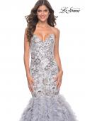 Picture of: Mermaid Beaded Floral Gown with Ruffle Detailed Skirt in Silver, Style: 32105, Detail Picture 1