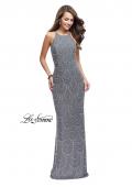 Picture of: Long Scalloped Beaded Prom Dress with High Neck in Silver, Style: 26030, Detail Picture 2