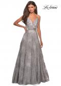 Picture of: Empire Waist Prom Dress with Metallic Floral Accents in Silver, Style: 27549, Detail Picture 2