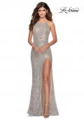 Picture of: HIgh Neck Sequin Gown with Open Back and Slit in Silver, Style: 28529, Detail Picture 2