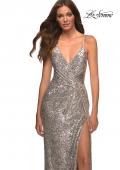 Picture of: Draped Slit Long Sequin Gown with Lace Up Back in Silver, Detail Picture 2