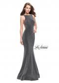 Picture of: Long Form Fitting Jersey Prom Dress with Flare Skirt in Silver, Style: 25421, Detail Picture 3