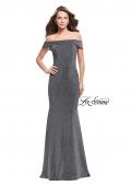 Picture of: Long Off the Shoulder Prom Dress with Flare Bottom in Silver, Style: 25444, Detail Picture 3
