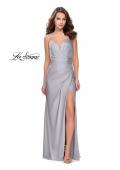 Picture of: Long Jersey Prom Dress with Ruching Side Wrap Detail in Silver, Style: 26317, Detail Picture 3