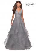 Picture of: Layered Tulle Long Prom Gown with Lace Appliques in Silver, Style: 27256, Detail Picture 3