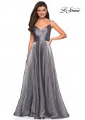 Picture of: Long Metallic Chiffon Dress with Ruching and V Back in Silver, Style: 27616, Detail Picture 3