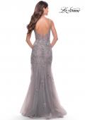 Picture of: Lace Long Dress with High Side Slit and V Neckline in Silver, Style: 31126, Detail Picture 3