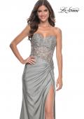 Picture of: Sheer Lace Applique Bodice Dress with Jersey Skirt in Silver, Style: 32301, Detail Picture 3