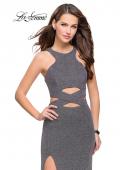 Picture of: Long Jersey Prom Dress with Cut Outs and Low Scoop Back in Silver, Style: 25422, Detail Picture 2