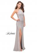Picture of: Long Halter Prom Dress with Beaded Straps and Slit in Silver, Style: 25459, Detail Picture 2