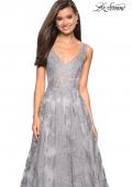 Picture of: Floral A Line Dress with Sheer Bodice and V Back in Silver, Style: 27505, Detail Picture 4