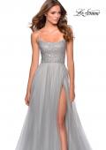 Picture of: Long Tulle Ball Gown with Beaded Bodice and Slit in Silver, Style: 28530, Detail Picture 4