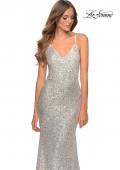 Picture of: Sequin Prom Gown With Drop Waist and V-Neckline in Silver, Style: 28713, Detail Picture 4