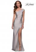Picture of: One Shoulder Shiny Ruched Jersey Dress with Slit in Silver, Style 29619, Detail Picture 4