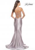 Picture of: Liquid Jersey Mermaid Gown with Lace Up Back in Silver, Style: 31295, Detail Picture 4