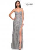 Picture of: Embroidered Lace Fitted Prom Dress with Lace Edge Slit in Silver, Style: 32013, Detail Picture 4
