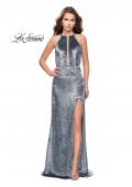 Picture of: Long Velvet Prom Dress with Leg Slit and Open Back in Silver, Style: 25861, Detail Picture 5