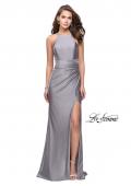Picture of: High Neck Long Form Fitting Gown with Ruching in Silver, Style: 26141, Detail Picture 5