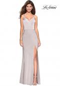 Picture of: Form Fitting Prom Dress with Slit and Beaded Straps in Silver, Style: 27519, Detail Picture 5