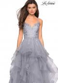 Picture of: Floor Length Tulle Dress with Floral Embellishments in Silver, Style: 27579, Detail Picture 5