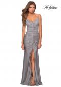 Picture of: Fully Ruched Jersey Prom Dress with Center Slit in Silver, Style: 28416, Detail Picture 5