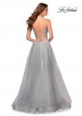 Picture of: Long Tulle Ball Gown with Beaded Bodice and Slit in Silver, Style: 28530, Detail Picture 5
