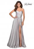 Picture of: Strapless Satin Gown with Pleated Bodice and Slit in Silver, Style: 28608, Detail Picture 5