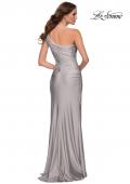 Picture of: One Shoulder Shiny Ruched Jersey Dress with Slit in Silver, Style 29619, Detail Picture 5