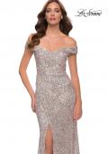 Picture of: Off the Shoulder Ruched Sequin Dress with Slit in Silver, Style 29831, Detail Picture 5