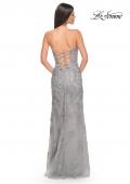 Picture of: Embroidered Lace Fitted Prom Dress with Lace Edge Slit in Silver, Style: 32013, Detail Picture 5