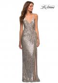 Picture of: Draped Slit Long Sequin Gown with Lace Up Back in Silver, Detail Picture 6