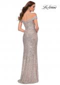 Picture of: Off the Shoulder Ruched Sequin Dress with Slit in Silver, Style 29831, Detail Picture 6