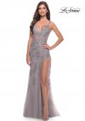 Picture of: Lace Long Dress with High Side Slit and V Neckline in Silver, Style: 31126, Detail Picture 6