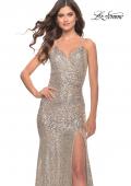Picture of: Long Sequin Gown with Dramatic Flare Skirt and Slit in Silver, Style: 31140, Detail Picture 6