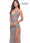 Picture of: Lace Long Dress with High Side Slit and V Neckline in Silver, Style: 31126, Detail Picture 7