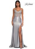 Picture of: Ruched Satin Evening Dress with Sheer Lace Top and Scallop Neckline in Silver, Style: 32689, Detail Picture 7