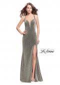 Picture of: Form Fitting Jersey Gown with Leg Slit and Open Back in Silver Gold, Style: 25901, Main Picture