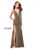 Picture of: Long Jersey Prom Dress with Racer Back and V Neckline in Silver Gold, Style: 25882, Detail Picture 2