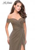 Picture of: Off the Shoulder Prom Dress with Wrap Side Leg Slit in Silver/Gold, Style: 25955, Detail Picture 2