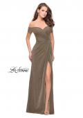 Picture of: Off the Shoulder Prom Dress with Wrap Side Leg Slit in Silver Gold, Style: 25955, Detail Picture 3