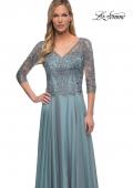 Picture of: Chiffon Dress with Sheer Lace Three-Quarter Sleeves in Slate Blue, Main Picture