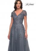 Picture of: A-Line Tulle Gown with Lace Applique and Short Sleeves in Slate Blue, Style: 30228, Detail Picture 8