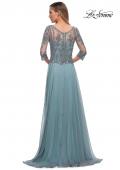 Picture of: Chiffon Dress with Sheer Lace Three-Quarter Sleeves in Slate Blue, Back Picture
