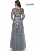 Picture of: Tulle A-Line Gown with Beautiful Lace Applique and Sheer Sleeves in Slate Blue, Style: 30968, Back Picture