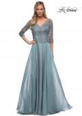 Picture of: Chiffon Dress with Sheer Lace Three-Quarter Sleeves in Slate Blue, Detail Picture 1