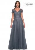 Picture of: A-Line Tulle Gown with Lace Applique and Short Sleeves in Slate Blue, Style: 30228, Detail Picture 1