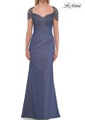 Picture of: Embroidered Lace Sleeve Gown with Keyhole Back in Slate Blue, Style: 33579, Detail Picture 1